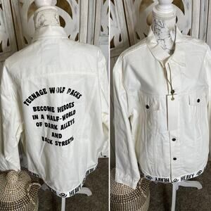 New! Last Heavy Mens XL Made in USA White Denim Jean Jacket ‘Teenage Wolf Pack’